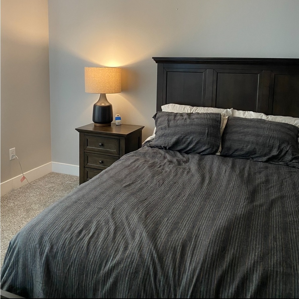 Crate & Barrel linen striped duvet cover and shams (navy, queen/full)